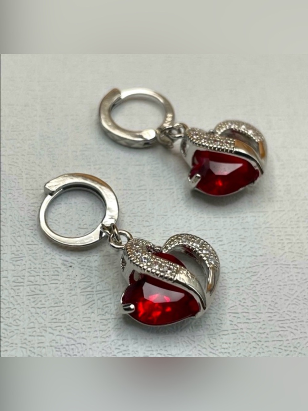 Silver Red Ruby Diamond CZ Heart Cut Elegant Dangle Hoop Earrings